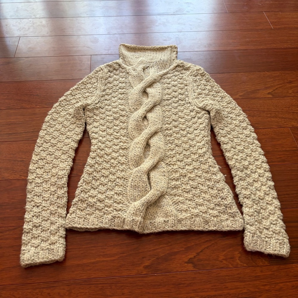 Vintage Wool Moda International 3d Cable Knit Turtleneck Sweater Cream Small